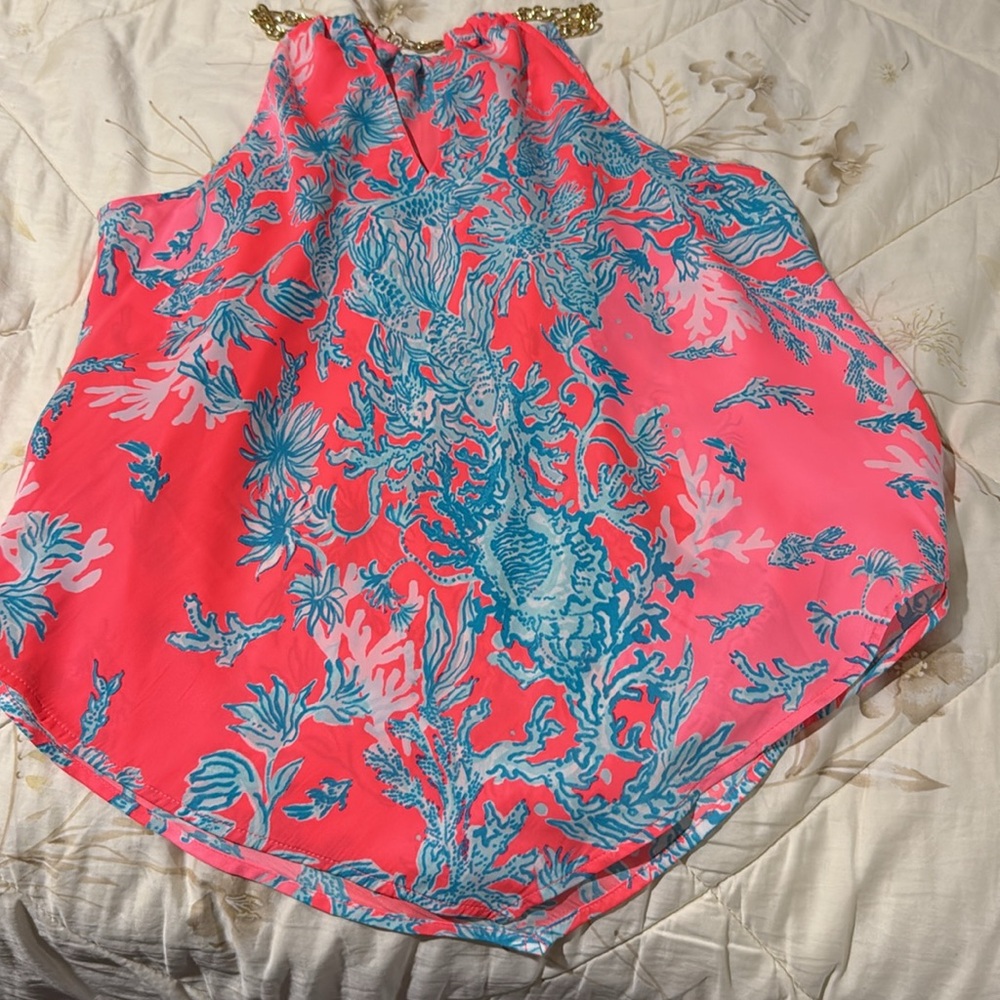 Lily Pulitzer Vibrant Coral and Blue Halter Top with Gold Chain Straps - Picture 4 of 7